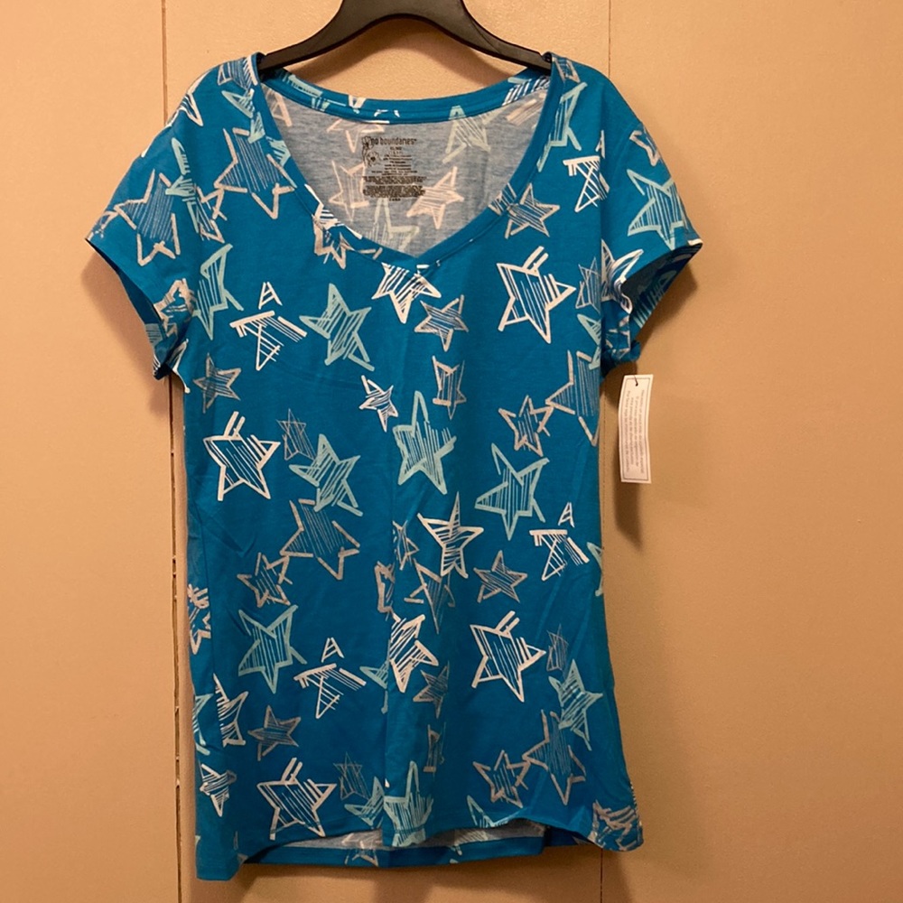 🐸 Juniors XL/15–17 NO BOUNDRIES  Turquoise + Stars T-shirt Cap Sleeve NWT